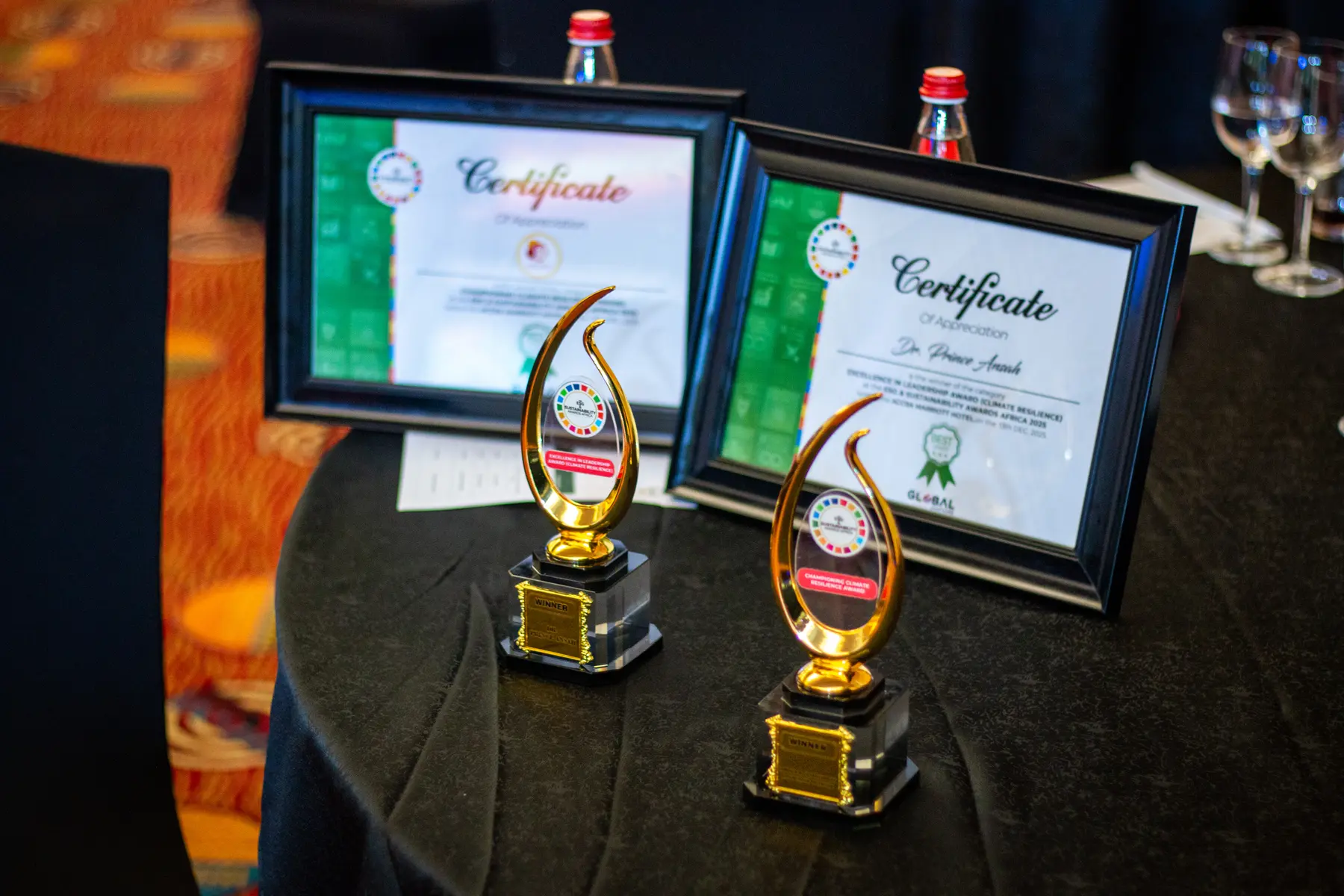 Two ESG and Sustainability Awards displayed beside framed certificates