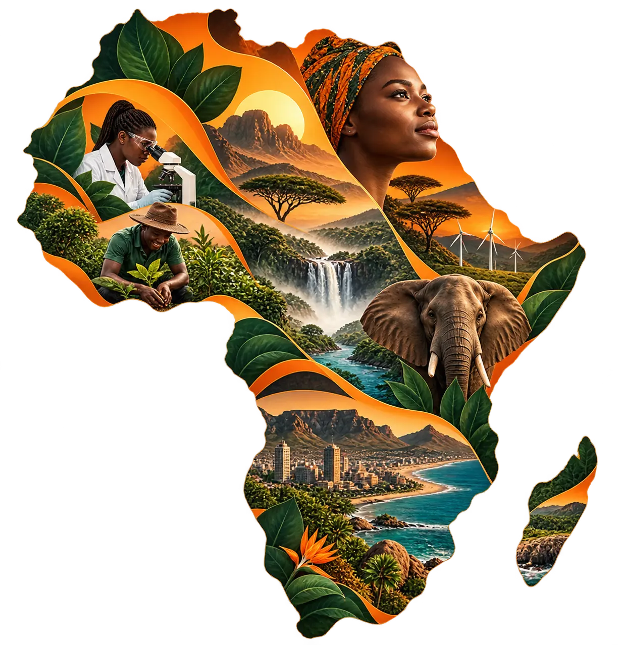 Illustrated map of Africa showing climate science, agriculture, biodiversity, renewable energy and resilient communities