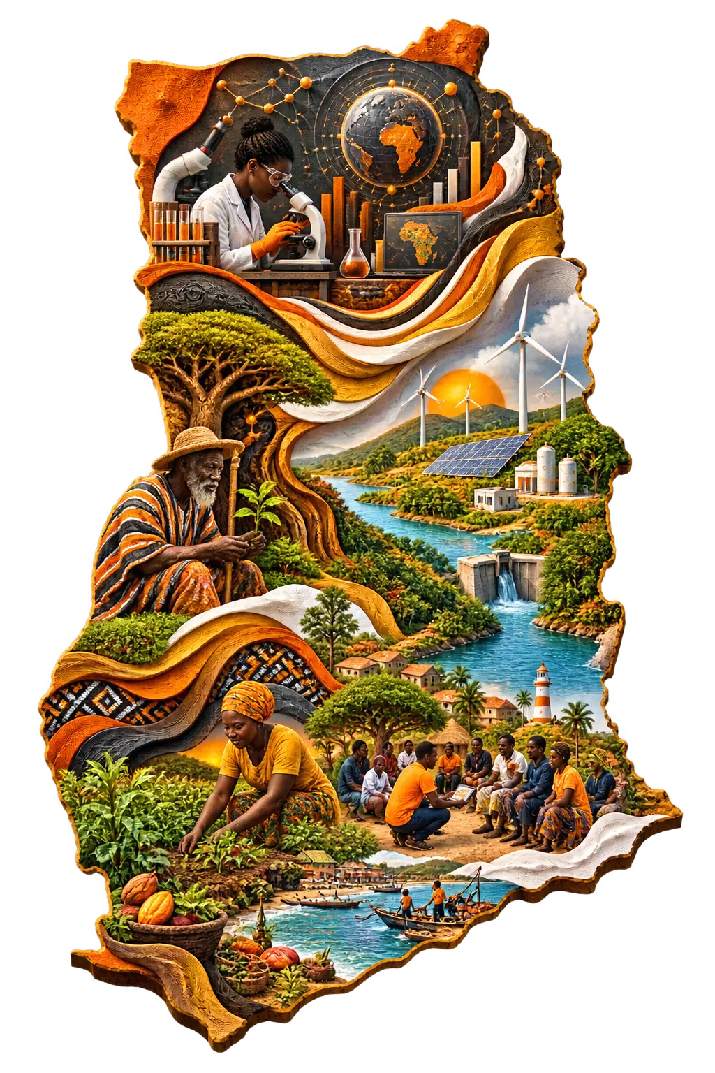 Illustrated map of Ghana connecting science, communities, climate resilience and sustainable development